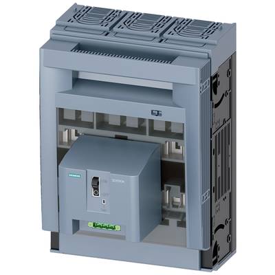 Ein grauer elektrischer Schutzschalter von Siemens, montiert in einem Schaltschrank, zeigt Ein- und Aus-Position und Vorderansicht.
