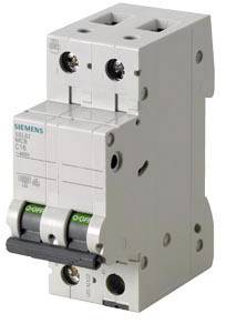 Ein zweipoliger Leitungsschutzschalter, Modell Siemens 5SL6, mit grünen 'ON'/'OFF'-Stellungen auf der Vorderseite.