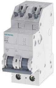 Ein grauer Siemens-Sicherungsschalter mit zwei Schaltmechanismen. Er ist vertikal ausgerichtet und zeigt technische Aufdrucke.