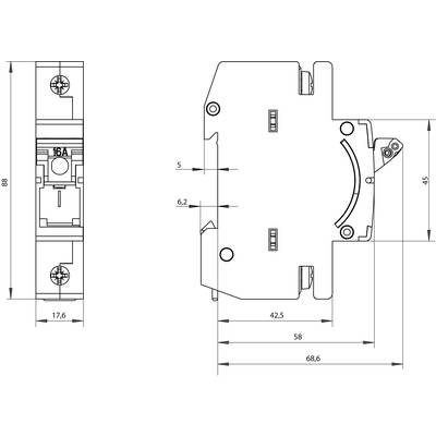 Schaltplan einer elektrischen Komponente mit Maßen: 88x17,6 mm frontal, 58x68,6 mm seitlich, 16A Beschriftung oben.