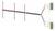 Ein Yagi-Antennendiagramm zeigt eine horizontale Anordnung von Metallstäben, verbunden durch Kabel zu zwei Anschlusspunkten rechts.