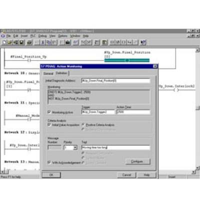 Screenshot einer Programmierumgebung mit einem Fenster zur Aktionsüberwachung. Es zeigt Einstellungen für Trigger, Aktionszeit und Meldungskonfiguration.