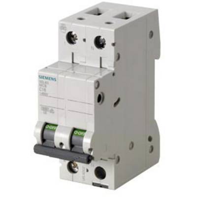 Ein grauer Sicherungsautomat mit zwei Kippschaltern, bezeichnet mit 'Siemens'. Schalterposition ist sichtbar. Verwendet für Schutz von elektrischen Stromkreisen.