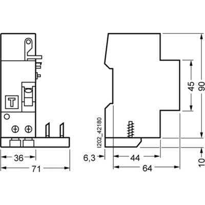 Technische Zeichnung eines elektrischen Bauteils mit Maßeinheiten: Höhe 90 mm, Tiefe 71 mm, Breite 36 mm. Links: Frontansicht, rechts: Seitenansicht.