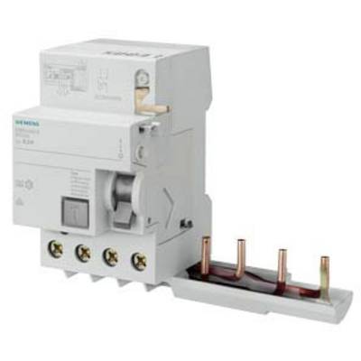 'Ein FI-Schutzschalter der Marke Siemens mit vier Anschlussklemmen und Kupferverbindern. Dient zur Sicherheit in elektrischen Anlagen.'