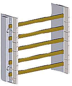 Vier horizontale gelbe Streben sind in einer grauen, vertikalen Struktur angeordnet. Dies könnte Teil eines industriellen Systems sein.