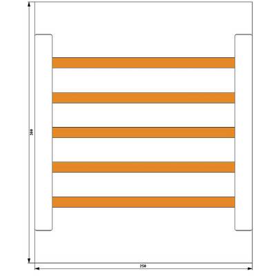 'Obenansicht eines Rechtecks mit fünf parallel orangefarbenen Balken darin. Beschriftet mit 350 Höhe und 250 Breite.'