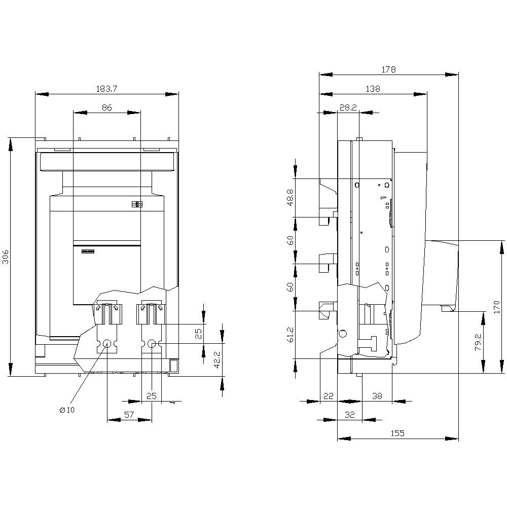 Technische Zeichnung eines elektrischen Schalters mit detaillierten Maßen in Millimetern, einschließlich Breite, Höhe und Tiefe.