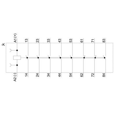 'Schaltplan eines elektrischen Systems mit neun Klemmen, beginnend bei A1 (+) und endend bei A2 (-). Klemmen sind nummeriert von 14 bis 83.'