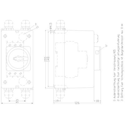 Technische Zeichnung eines Geräts mit Abmessungen. Beschriftungen: '1) Abdeckkappe', '2) Lieferung für Vakuumschloss mit Bugeleingreifer, 8 x 18 mm', Maße sind in mm angegeben.