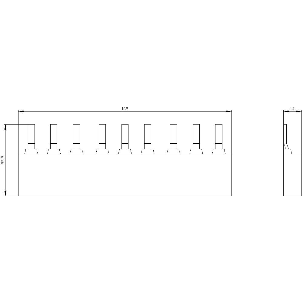Technische Zeichnung eines rechteckigen Blocks mit sieben gleichmäßigen Einkerbungen oben, Abmessungen sind 325 x 165 mm.