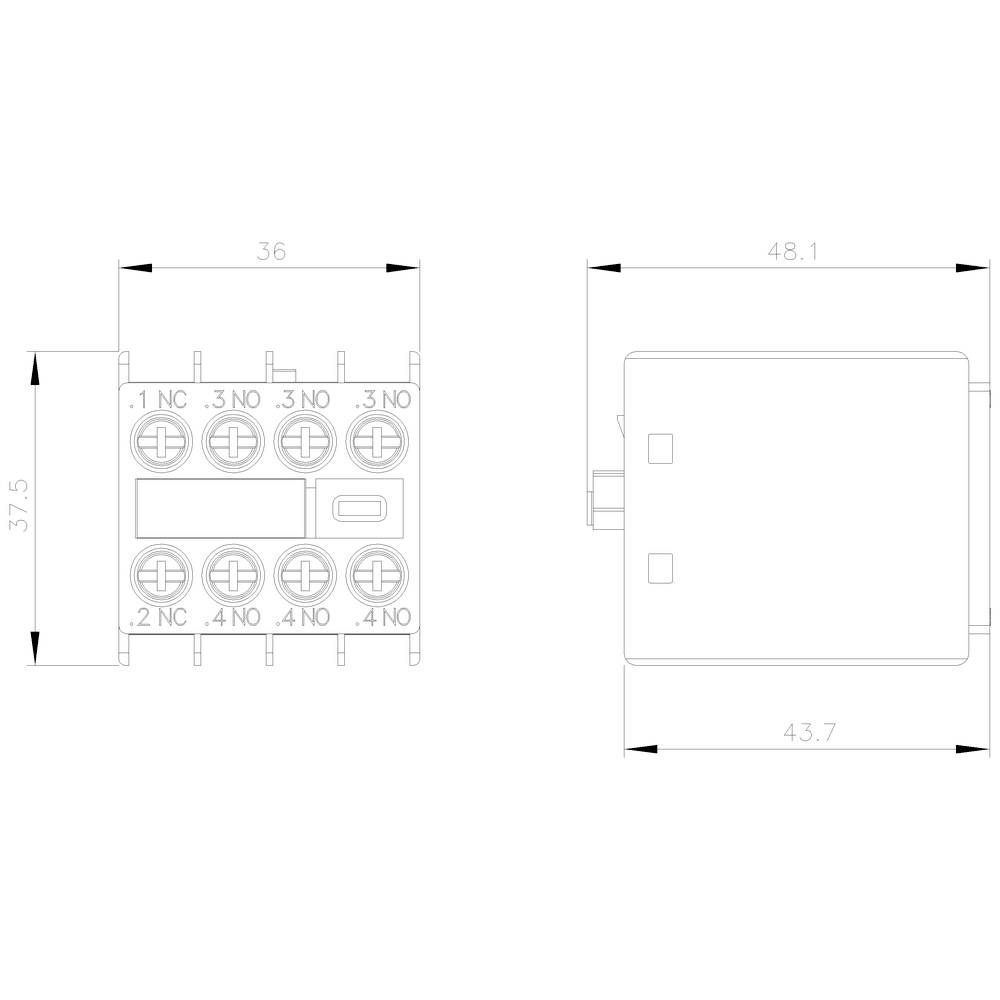 Technische Zeichnung eines Schützschalters mit den Maßen: Breite 36 mm, Tiefe 48,1 mm, Höhe 37,5 mm. Anschlüsse und Gehäuse sichtbar.