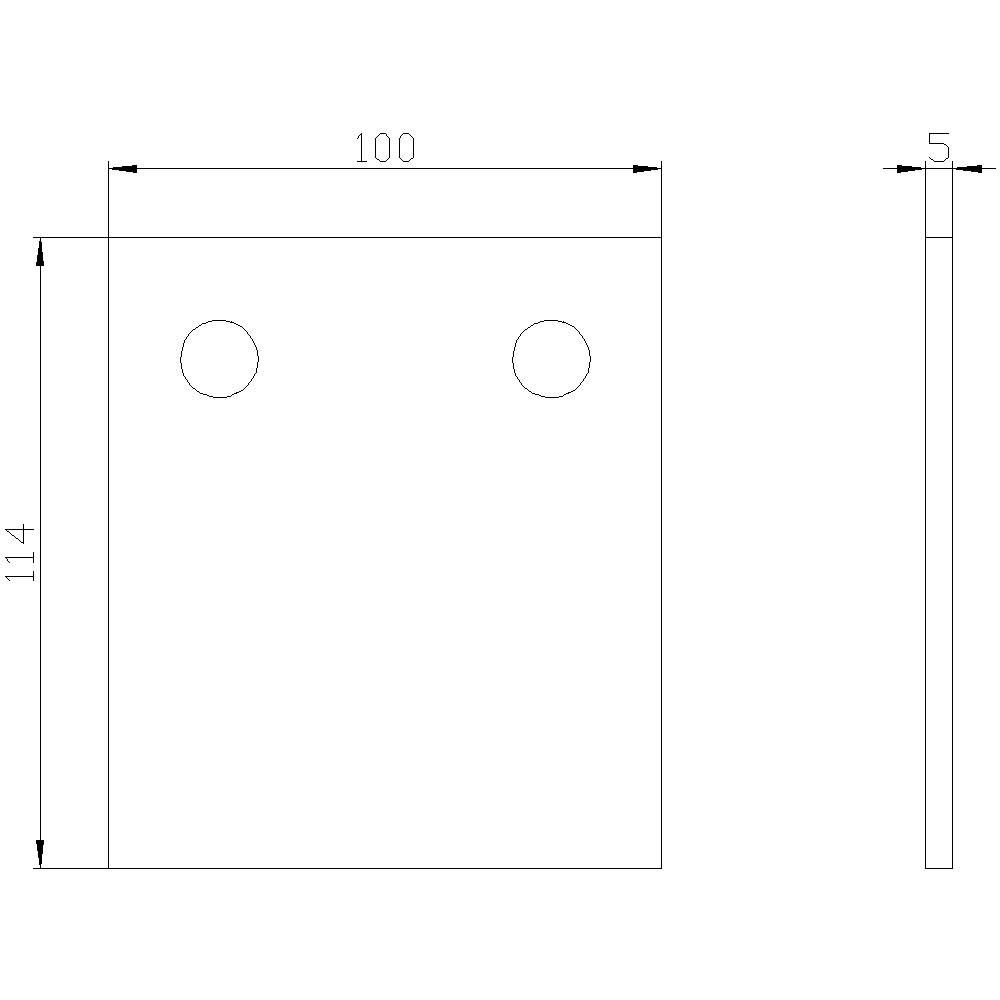 Technische Zeichnung eines rechteckigen Bauteils mit zwei kreisförmigen Löchern oben. Maße: 100 mm Breite, 114 mm Höhe, 5 mm Dicke.