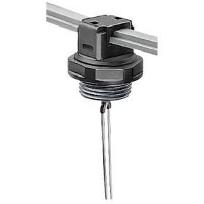 Ein schwarzer Sensor in einem Rohr, mit einem Kabel darunter, zur Überwachung oder Datenmessung in technischen Installationen.