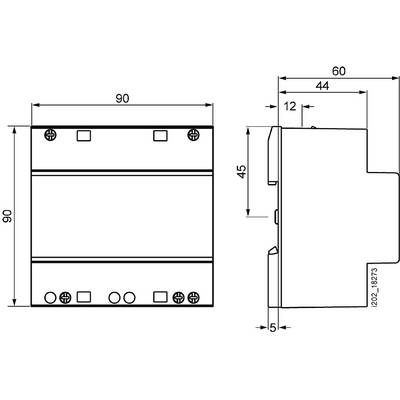 Technische Zeichnung eines rechteckigen Geräts mit Abmessungen: Breite 90 mm, Höhe 90 mm, Tiefe 60 mm. Seitenansicht zeigt Tiefe.