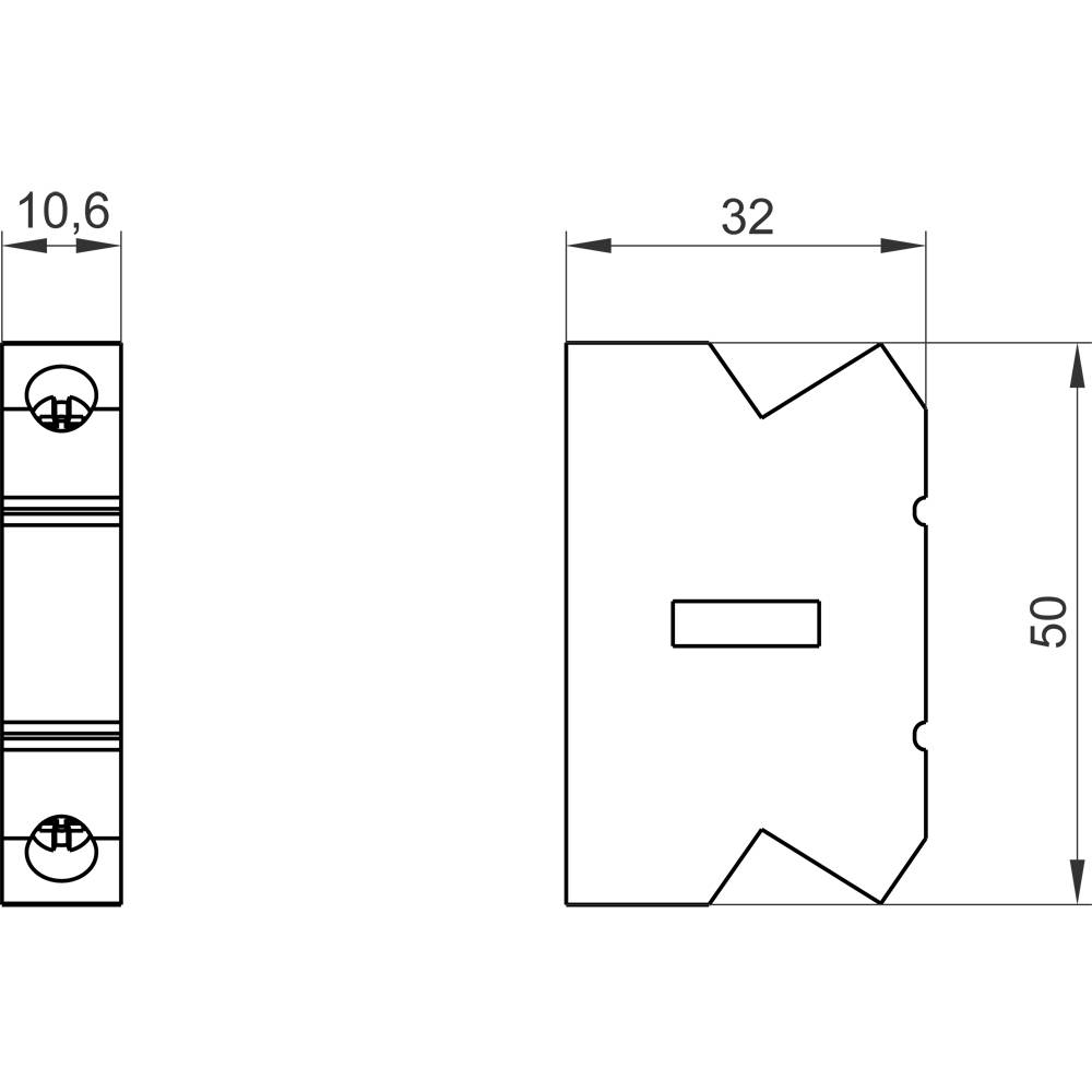 Technische Zeichnung eines rechteckigen Bauteils mit den Maßen 32 mm x 50 mm, seitlicher Schnitt zeigt 10,6 mm Tiefe.