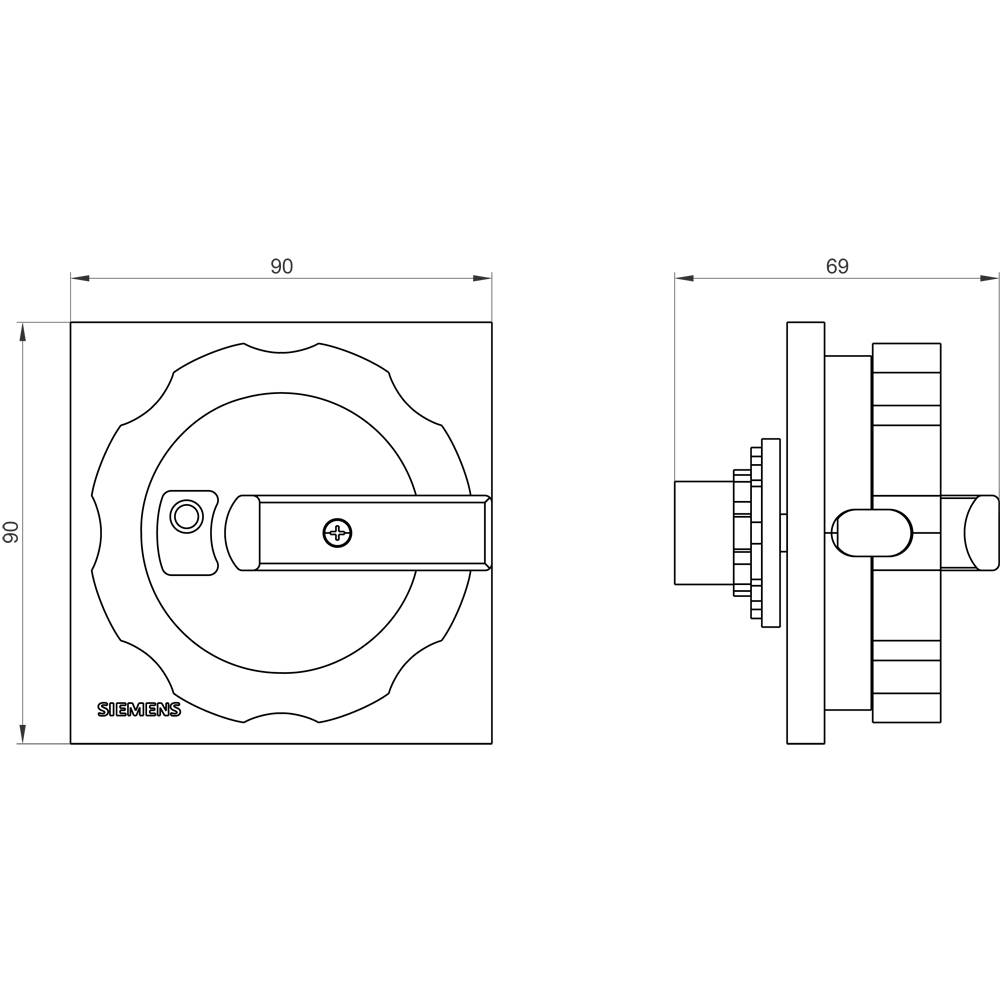 Zeichnung eines quadratischen Schalters mit Drehgriff und Siemens-Logo, Vorder- und Seitenansicht. Maße: 90x90 mm und 69 mm tief.