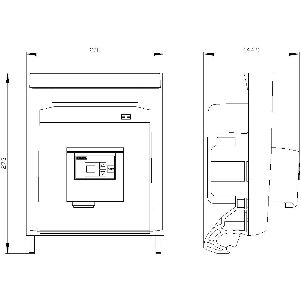 Technische Zeichnung einer Maschine mit digitalem Bedienfeld. Maße: Breite 208, Tiefe 144,9, Höhe 273. Seiten- und Frontansicht.