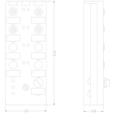 Technische Zeichnung zeigt die Vorder- und Seitenansicht eines rechteckigen elektronischen Bauteils mit Anschlussbuchsen und Abmessungen.