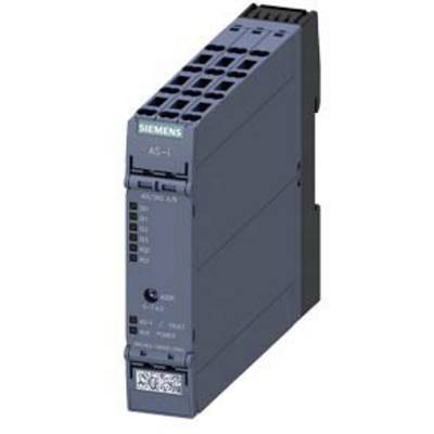 Ein Siemens AS-i Kommunikationsmodul in schwarzer Gehäusefarbe, vertikaler Form, mit Anschlüssen und LED-Anzeigen auf der Frontseite.