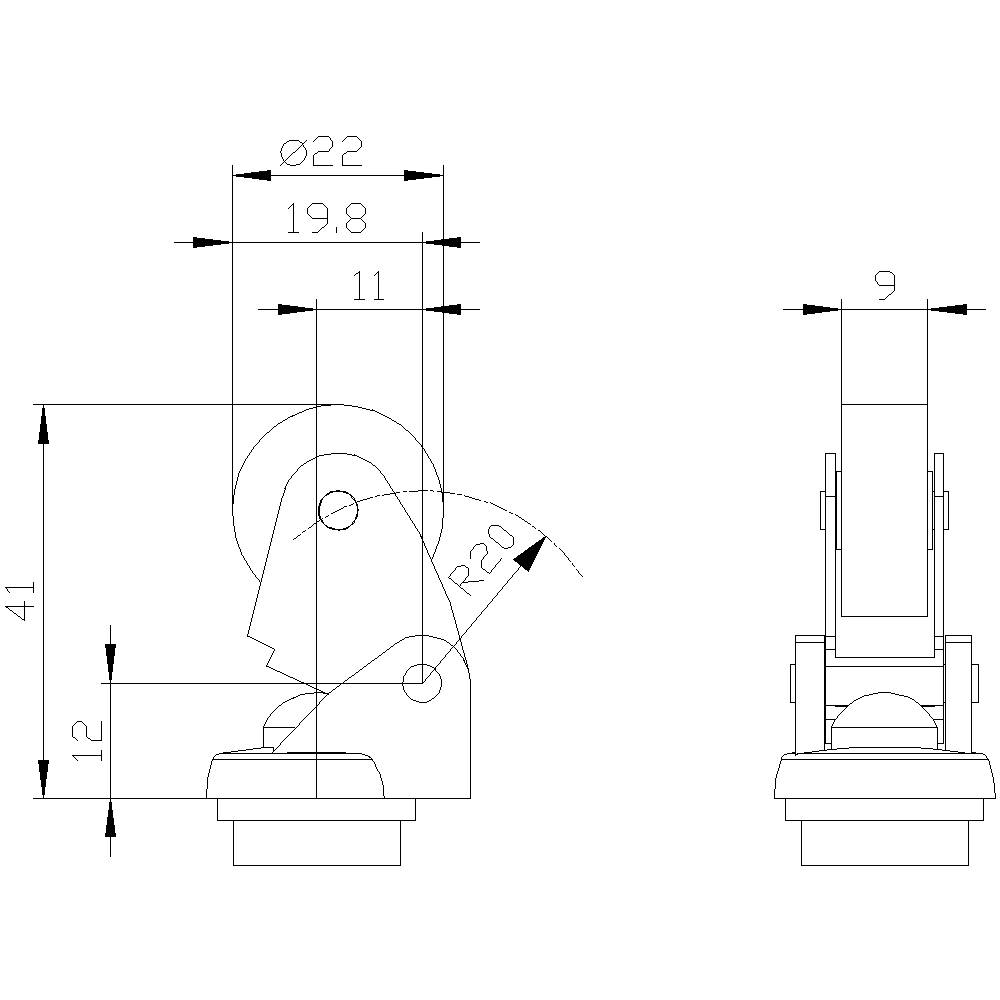 Technische Zeichnung eines Scharniers mit Bemaßungen: Breite 22 mm, Höhe 41 mm, Radius 20 mm. Seitenansicht zeigt 9 mm Dicke.