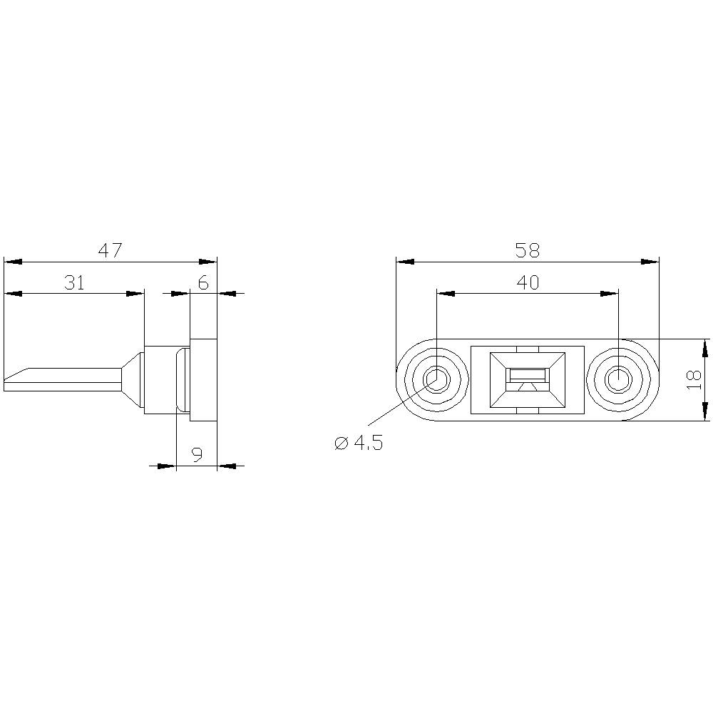 Technische Zeichnung einer Schraube und einer Halterung mit Maßen: Durchmesser 4,5 mm, Längen 47 mm, 58 mm, 31 mm, 40 mm.