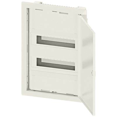 Stromverteilerkasten mit geöffneter Tür, zeigt zwei große Öffnungen für Kabelinstallationen.