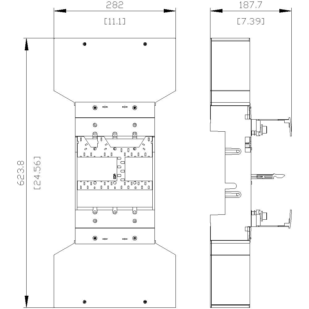 Technische Zeichnung eines mechanischen Bauteils mit Abmessungen: Breite 282 mm, Höhe 623,8 mm, Seitenlänge 187,7 mm. Zeigt Details der inneren Struktur.