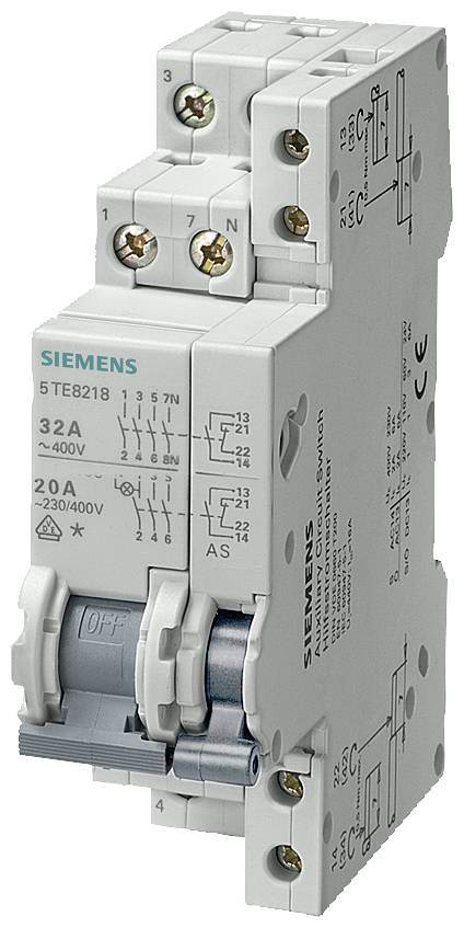 Siemens Leitungsschutzschalter, Modell 5TE8218, 32A, 400V, mit Schalter und Anschlussklemmen, für elektrische Schutzanwendungen.