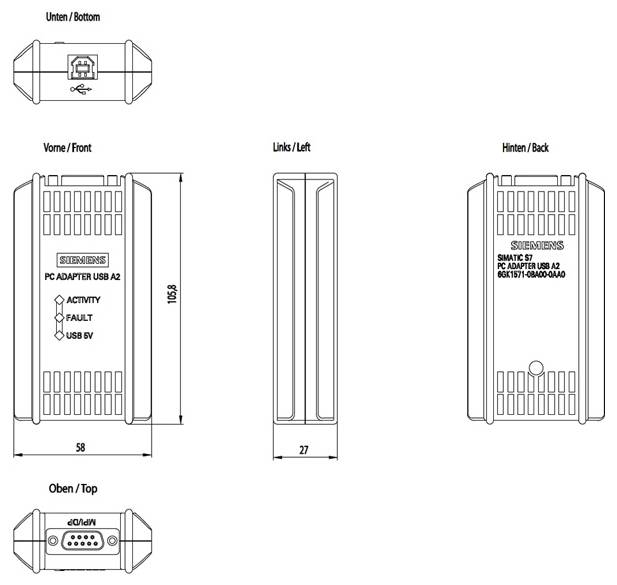 Technisches Schaltbild eines PC-Adapters USB A2 mit beschrifteten Ansichten: Vorderseite, Rückseite, Linksseite, Oberseite und Unterseite. Abmessungen: 105,8 mm Höhe, 58 mm und 27 mm Breite.