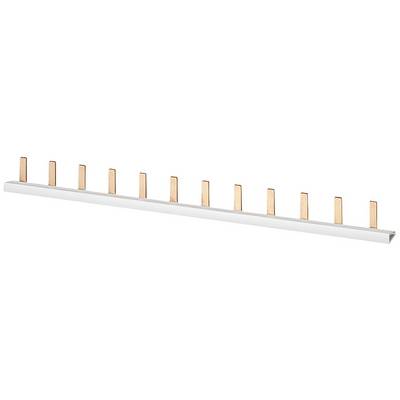 Ein Kupfer-Sammelschienen-System mit mehreren gleichmäßig verteilten senkrechten Anschlüssen auf einer weißen Halterung.