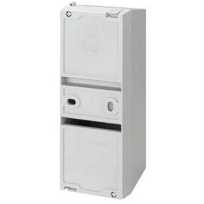 Ein graues, rechteckiges elektrisches Gehäuse mit abnehmbaren Frontplatten und Schrauben an den Ecken.