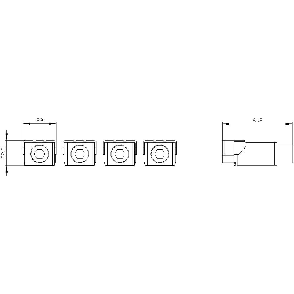 Technische Zeichnung von vier identischen Bauteilen nebeneinander und einem fünften Bauteil separat dargestellt. Maße sind angegeben.