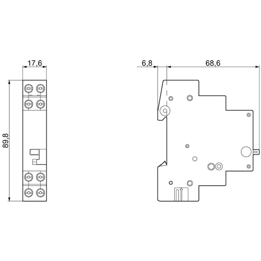 Diagramm eines elektrischen Bauteils mit Abmessungen: 89,8 mm Höhe, 17,6 mm Breite, 68,6 mm Länge. Zeigt Anschluss- und Befestigungspunkte.