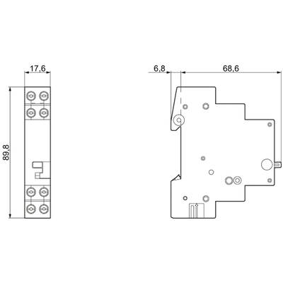 Diagramm eines elektrischen Bauteils mit Abmessungen: 89,8 mm Höhe, 17,6 mm Breite, 68,6 mm Länge. Zeigt Anschluss- und Befestigungspunkte.