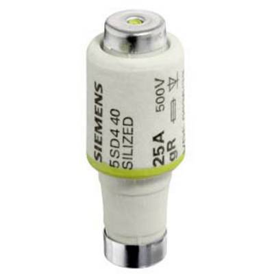 Eine weiße keramische Sicherung mit der Aufschrift 'Siemens 25A 500V' und einem Metallkappenende.