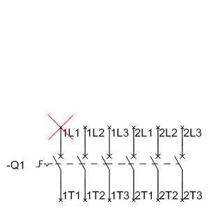 'Schaltsymbol mit sieben Stellen: Q1, L1, L2, L3, 1L1, 1L2, 1L3. Verbindungspunkte: 1T1, 1T2, 1T3, 2T1, 2T2, 2T3. Kreuz über L1.'
