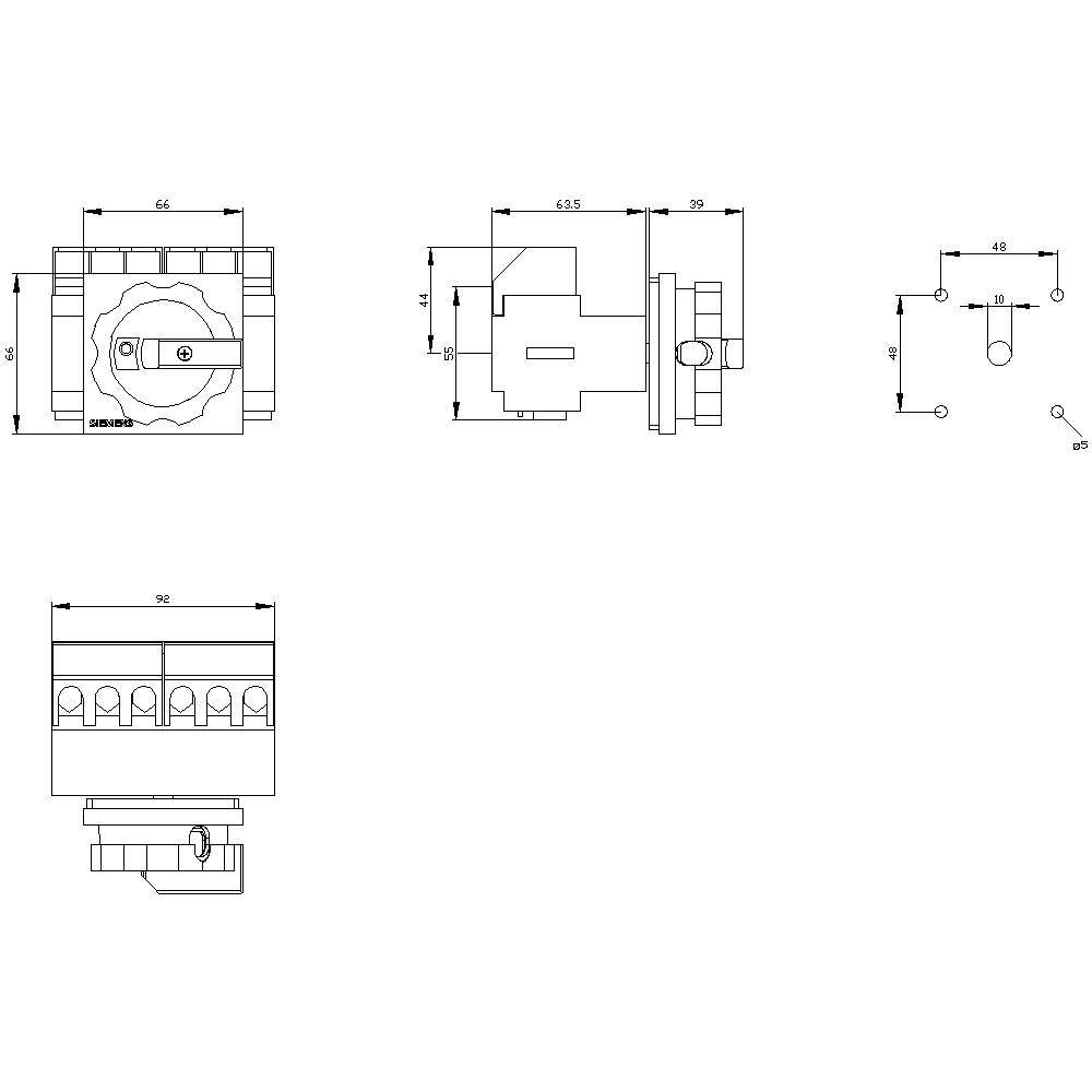 Technische Zeichnung eines elektrischen Schalters mit Abmessungen in Millimetern. Zeigt Draufsicht, Seitenansicht und Anschlussdetails.