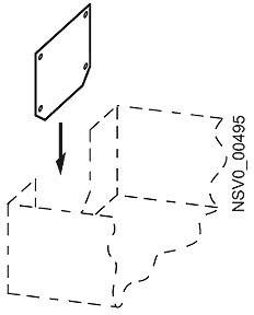 Diagramm zeigt die Montage einer Platte mit vier Schraubenlöchern auf einem skizzierten Gehäuse. Ein Pfeil weist auf die Positionierung hin.