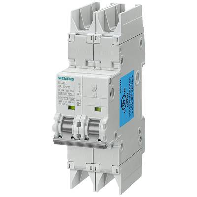 Ein grauer Siemens-Leistungsschalter mit zwei Schaltern, technische Daten aufgedruckt. Geeignet für elektrische Sicherheitsanwendungen.
