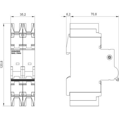 Technische Zeichnung eines elektrischen Bauteils. Maße sind 120,8 x 35 x 70,8 mm angegeben. Seiten- und Vorderansicht dargestellt.