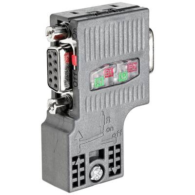 Grau-schwarzer elektrischer Adapter mit Anschlüssen oben und unten, roten und grünen Schaltern in der Mitte, Beschriftungen 'on' und 'off'.