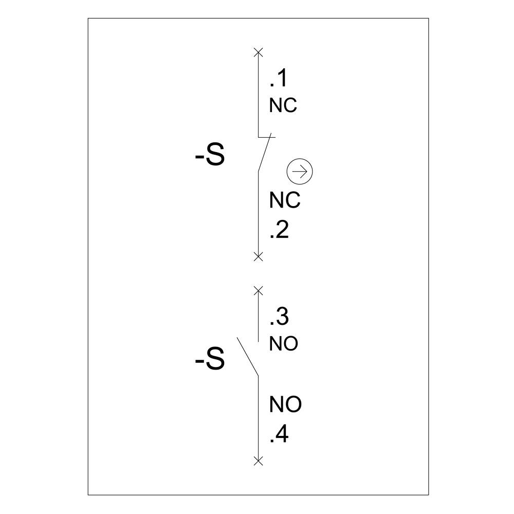Schaltsymbol zeigt zwei Schalter: Oben NC (geschlossen bei Ruhestellung), unten NO (offen bei Ruhestellung), bezeichnet mit '-S'.