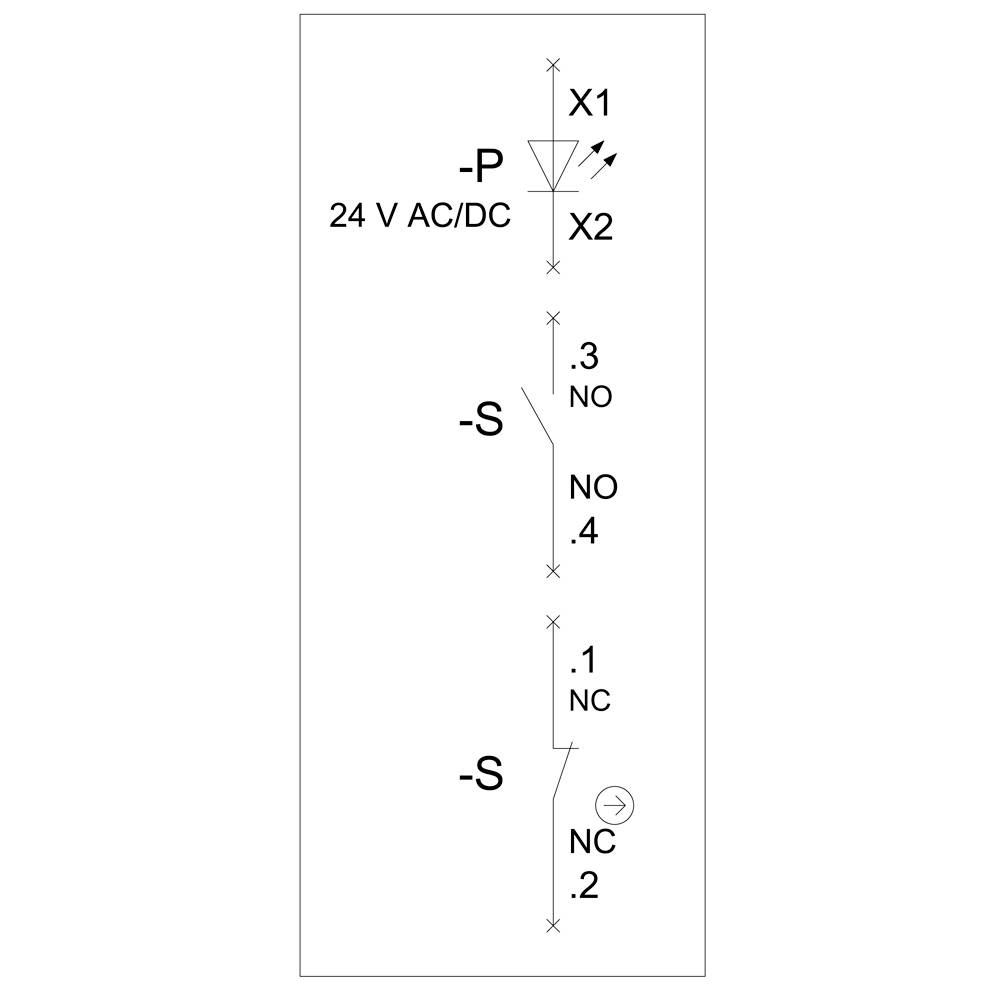 Schaltplan mit X1- und X2-Anschluss. Oben: 24 V AC/DC, LED. Unten: Zwei Schalter mit NO/NC-Kontakten, markiert mit .3 NO .4, .1 NC, .2 NC.