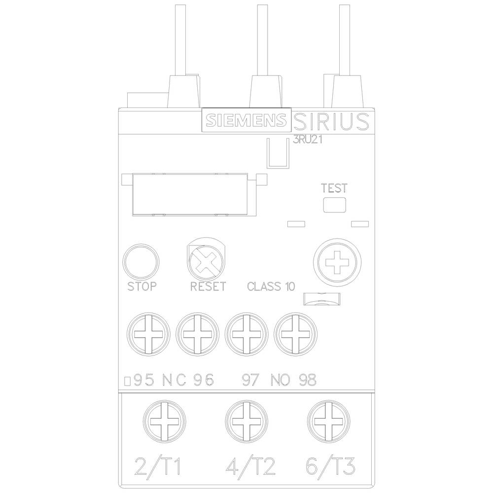 Ein elektrisches Schaltgerät von Siemens mit Tasten für 'Stop', 'Reset' und einem Testbereich. Anschlüsse unten für Phasen.