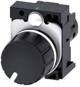 Drehschalter mit schwarzem Knopf und silberner Umrandung, geeignet für Steuerungssysteme in industriellen Anwendungen.