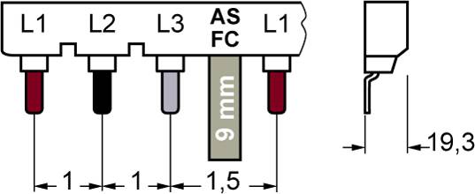'AS FC' Terminal-Messlehre: Darstellung der Abstände zwischen 4 Anschlüssen (L1, L2, L3) und einer 6-mm-Messlehre. Höhe: 19,3 mm.