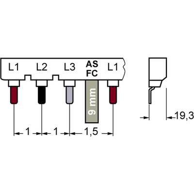 'AS FC' Terminal-Messlehre: Darstellung der Abstände zwischen 4 Anschlüssen (L1, L2, L3) und einer 6-mm-Messlehre. Höhe: 19,3 mm.