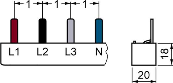 'Elektroanschlussdiagramm mit vier Anschlusspunkten: L1 rot, L2 schwarz, L3 grau, N blau. Seitenansicht zeigt Maße 18 x 20 mm.'
