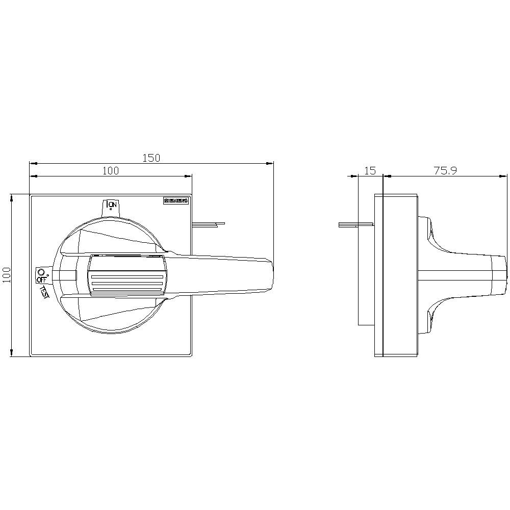 Technische Zeichnung eines Schaltgriffs mit Maßen: Vorderansicht zeigt 100x150 mm, Seitenansicht zeigt 15x75,9 mm.